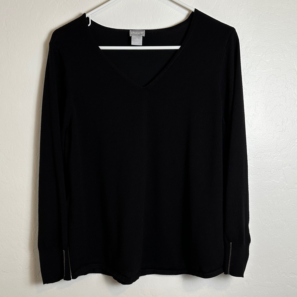 Chico’s Black Long Sleeve V-Neck lightweight sweater embellished sleeves